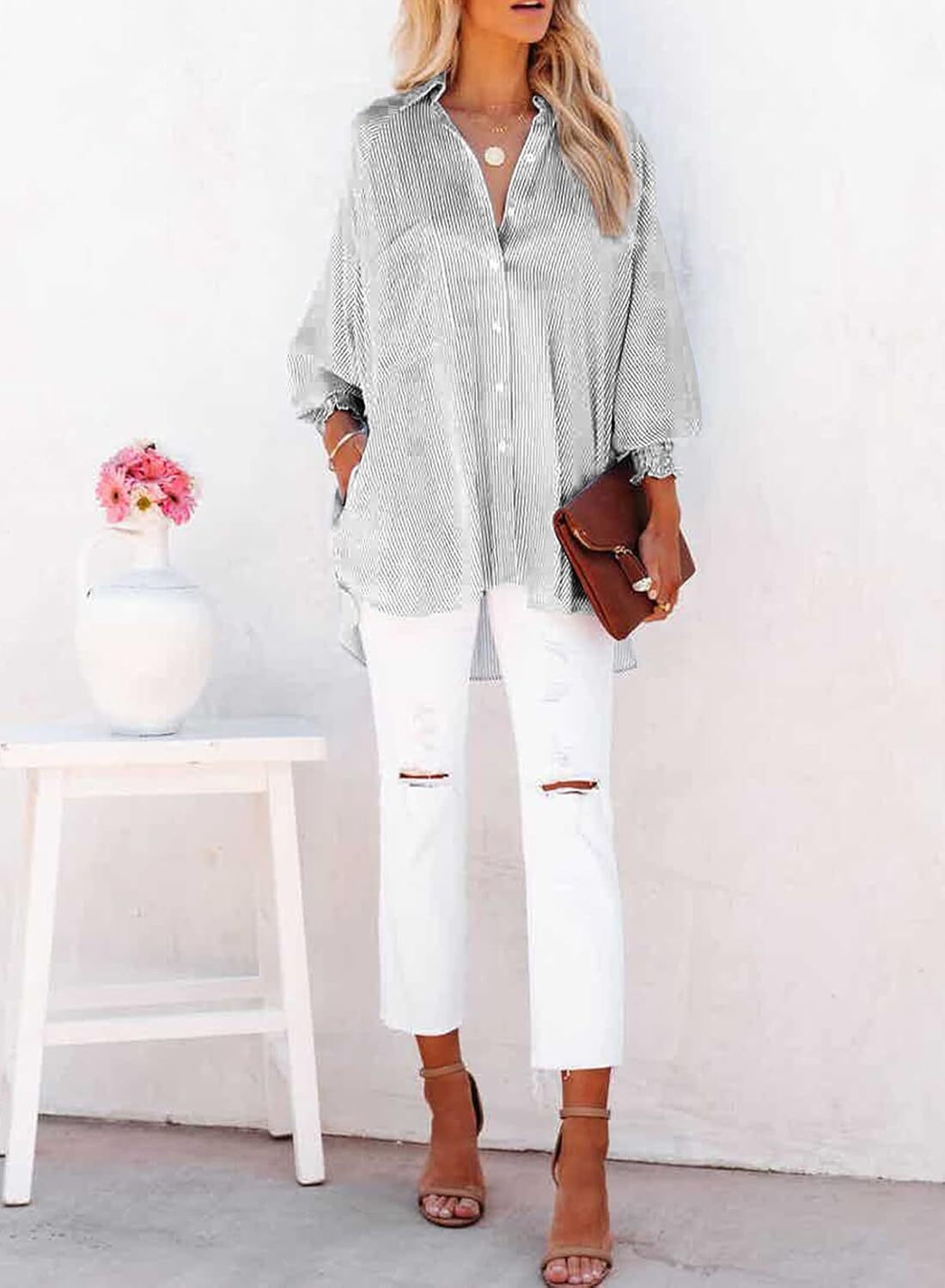 🔥2026 Clearance Item🔥Women's pleated cuffs striped shirt with pockets and casual collar
