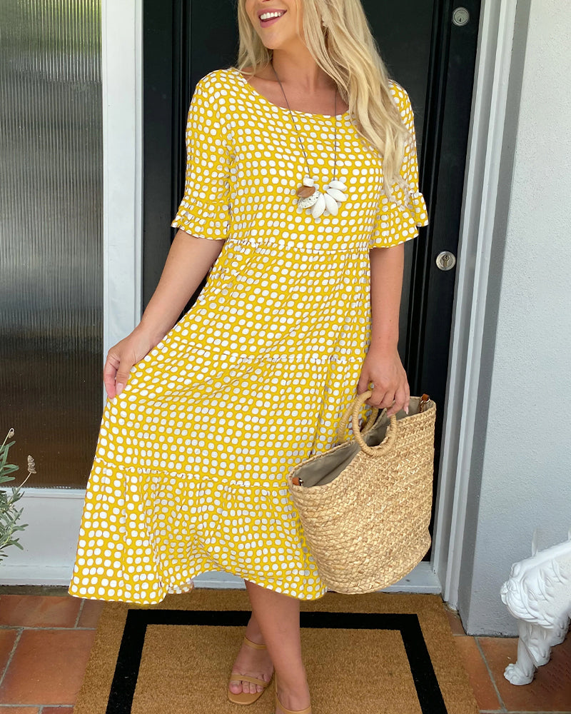 EveCharm – Polka Dot Round Neck Midi Dress