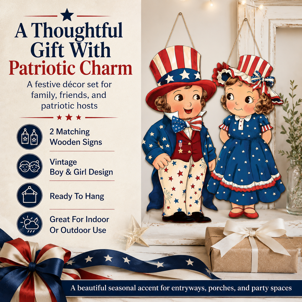 LibertyCraft – 2-Piece Patriotic Wooden Hanging Door Signs