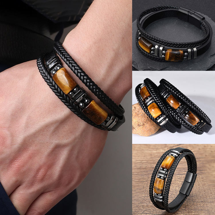 StoneForge – Braided Tiger Eye Leather Bracelet