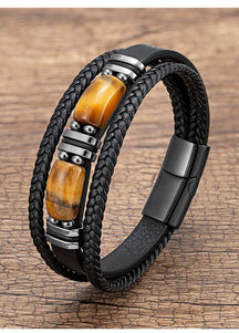 StoneForge – Braided Tiger Eye Leather Bracelet