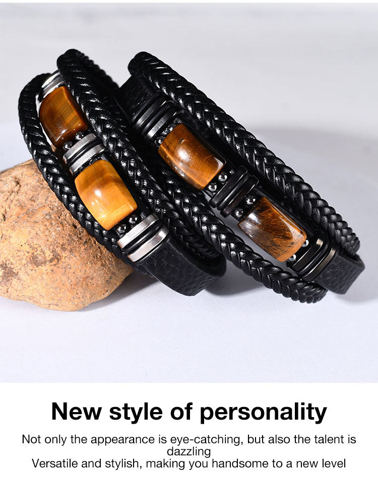 StoneForge – Braided Tiger Eye Leather Bracelet