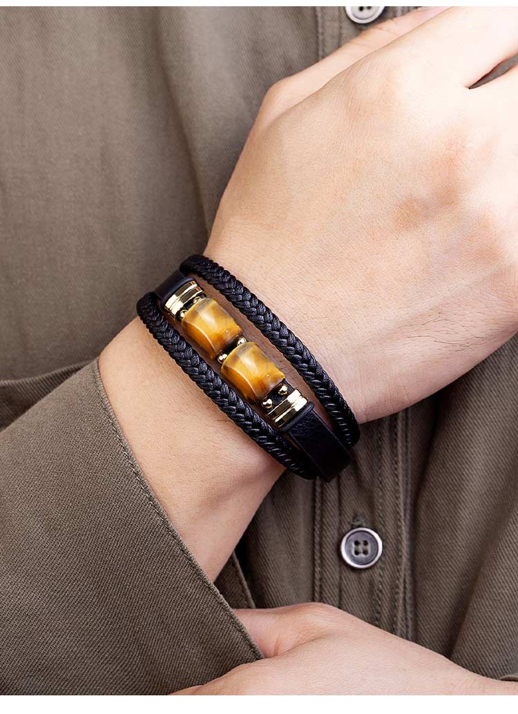 StoneForge – Braided Tiger Eye Leather Bracelet