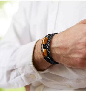 StoneForge – Braided Tiger Eye Leather Bracelet