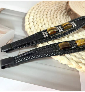 StoneForge – Braided Tiger Eye Leather Bracelet