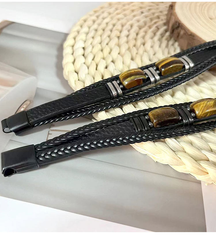 StoneForge – Braided Tiger Eye Leather Bracelet