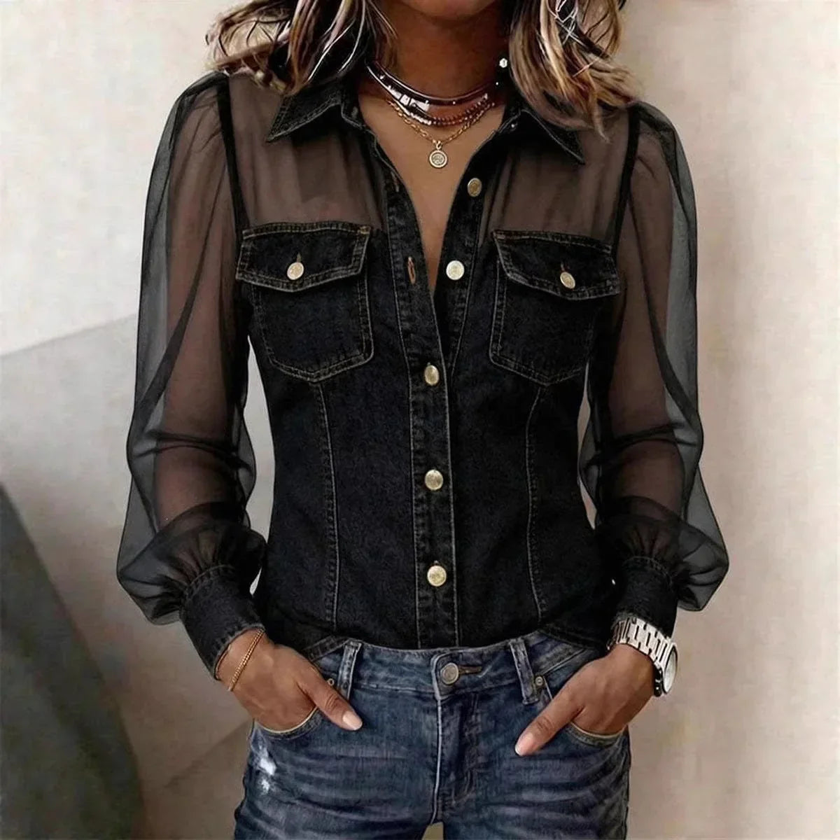 LuxeCharm – Premium Casual Chic Denim Blouse