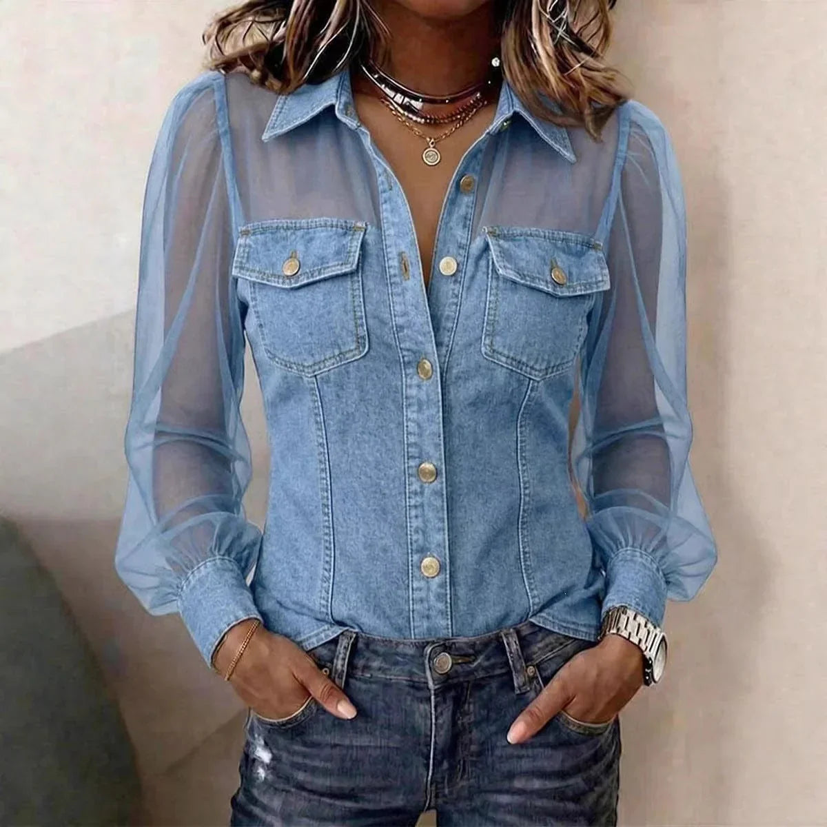 LuxeCharm – Premium Casual Chic Denim Blouse