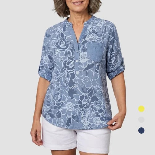 PrintLuxe – V-Neck Button-Down Printed Blouse