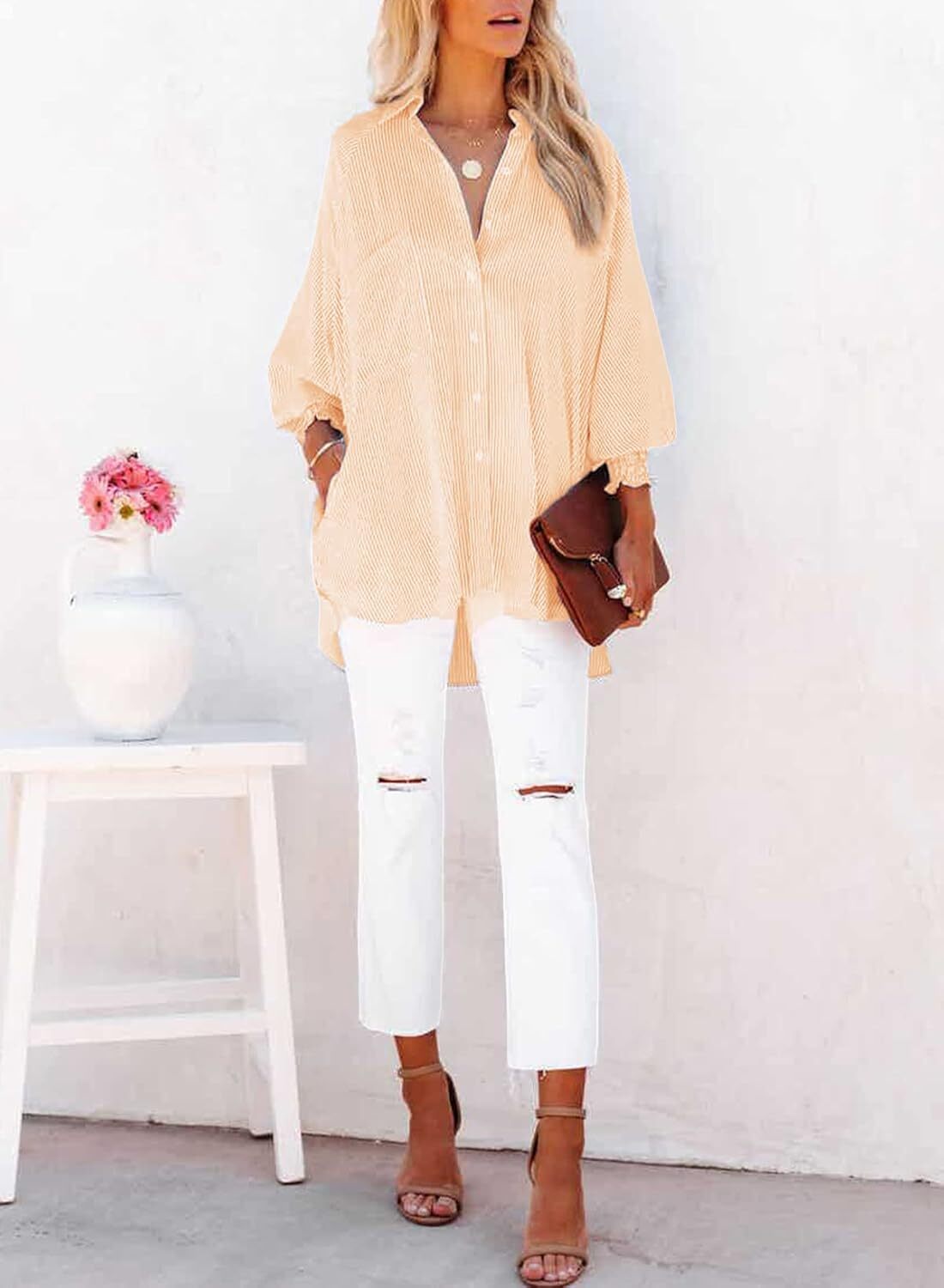 🔥2026 Clearance Item🔥Women's pleated cuffs striped shirt with pockets and casual collar