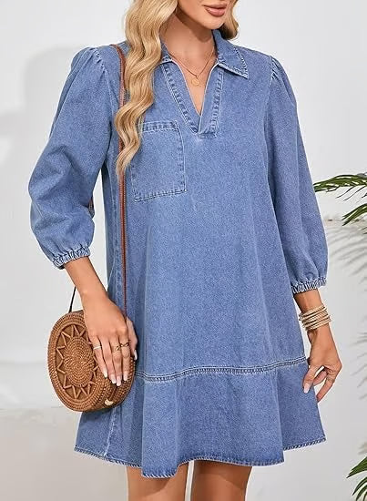 Deniva | Elegant V-Neck Denim Dress