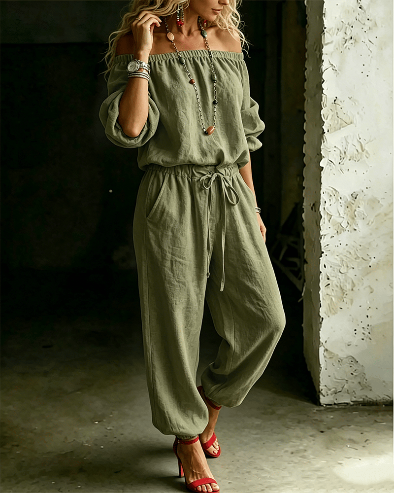 LuxeSilhouette – Off-Shoulder Tie Waist Jumpsuit
