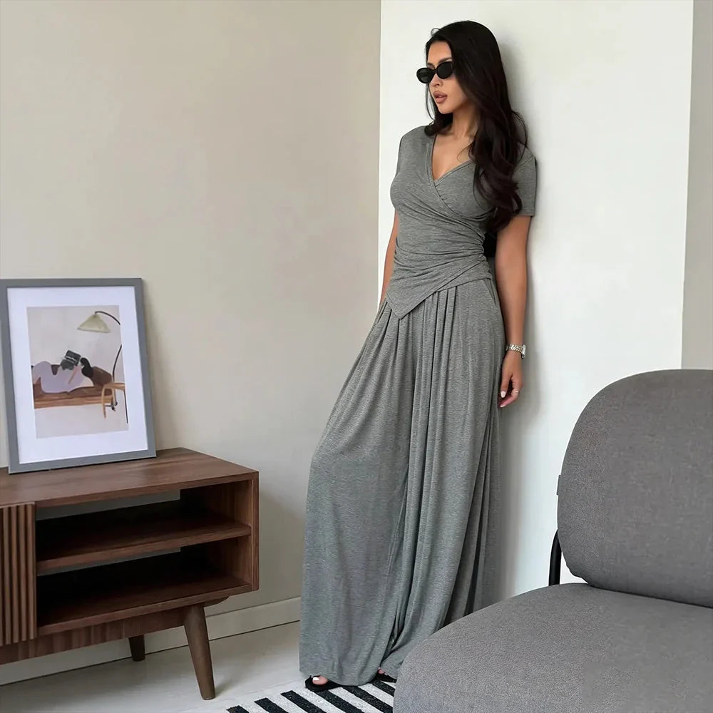 MaisonLuxe – Sophisticated Wrap Top & Wide Leg Pants Set