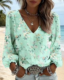 LunaPuff Chic – V-Neck Casual Blouse