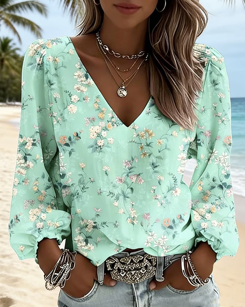 LunaPuff Chic – V-Neck Casual Blouse