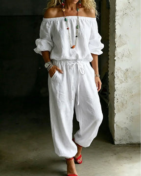 LuxeSilhouette – Off-Shoulder Tie Waist Jumpsuit