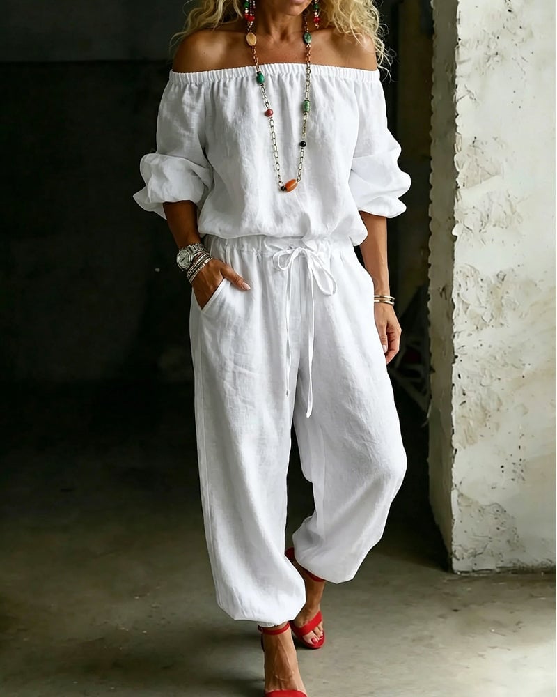 LuxeSilhouette – Off-Shoulder Tie Waist Jumpsuit