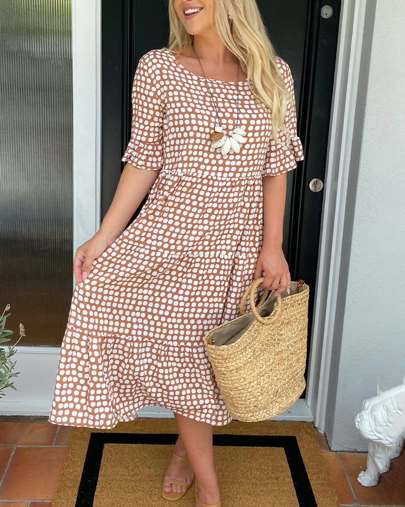 EveCharm – Polka Dot Round Neck Midi Dress