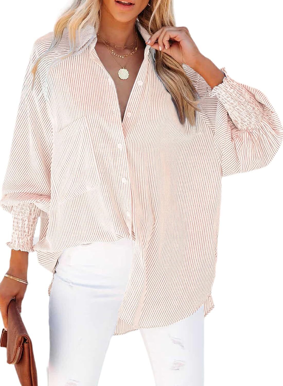🔥2026 Clearance Item🔥Women's pleated cuffs striped shirt with pockets and casual collar