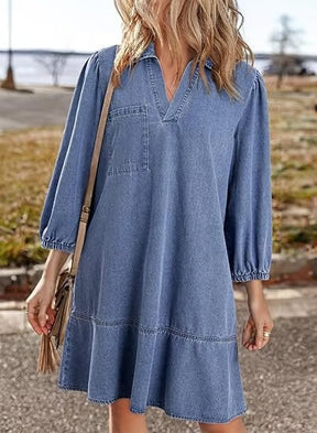 Deniva | Elegant V-Neck Denim Dress