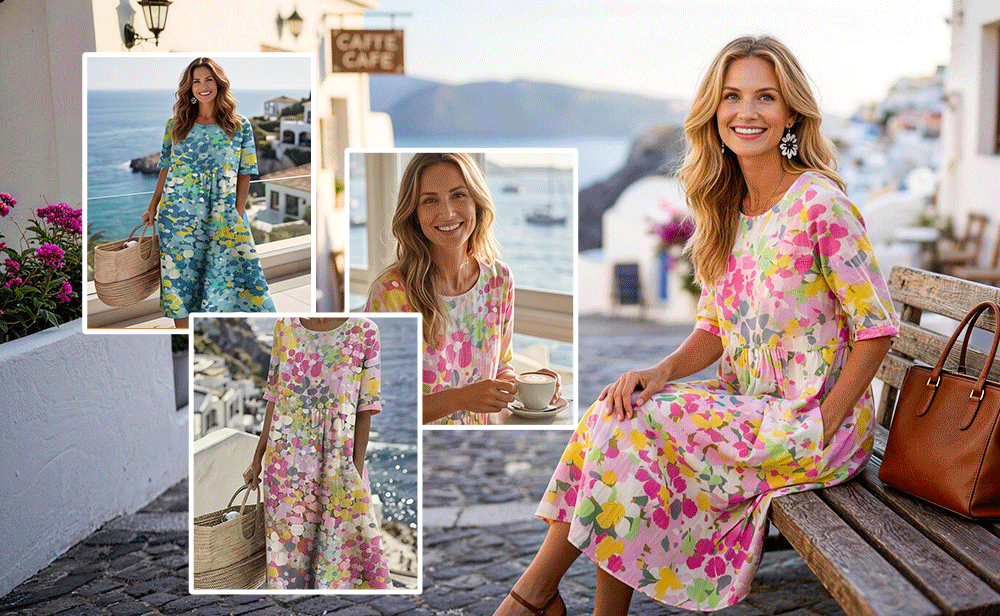 AquaBloom - Watercolor Midi Dress with Hidden Pockets