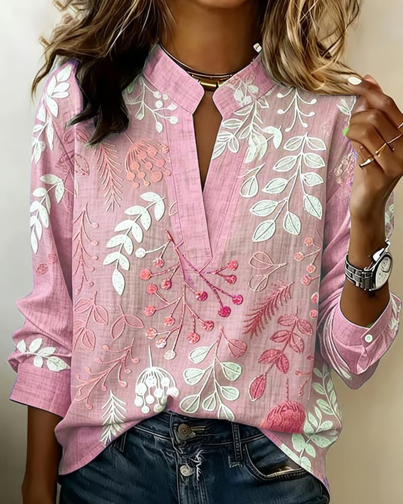 FloraMuse – Elegant Stand-Collar Floral Blouse