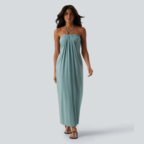 HalterTie – Elegant Back Maxi Dress with Pockets