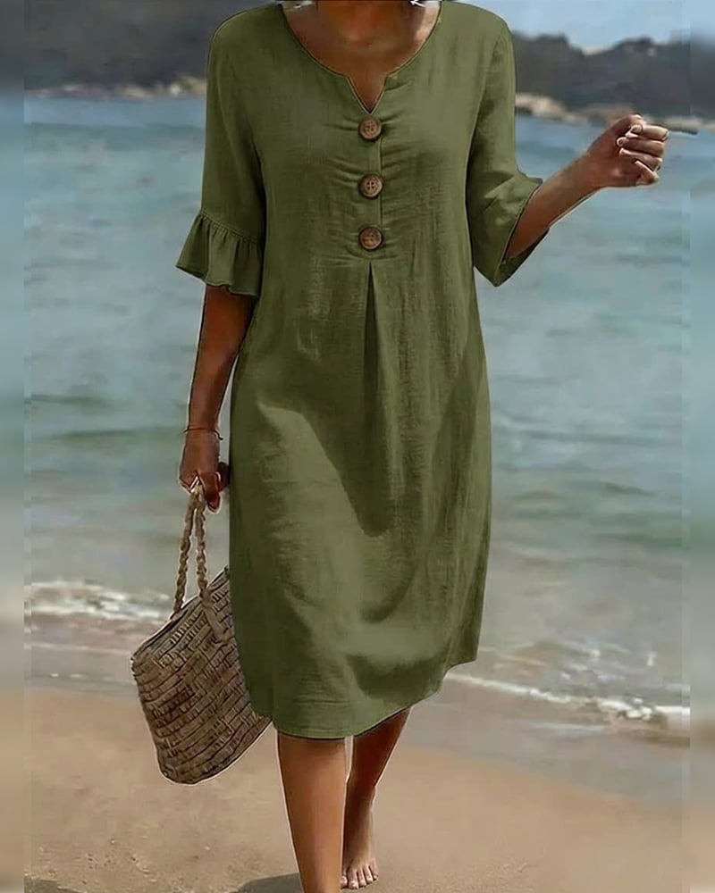 CottonCharm – Button Ruffle Sleeve Dress