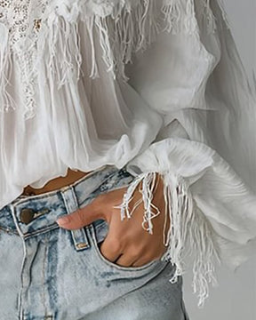 GlowCharm Blouse – Tassel Back Elegance