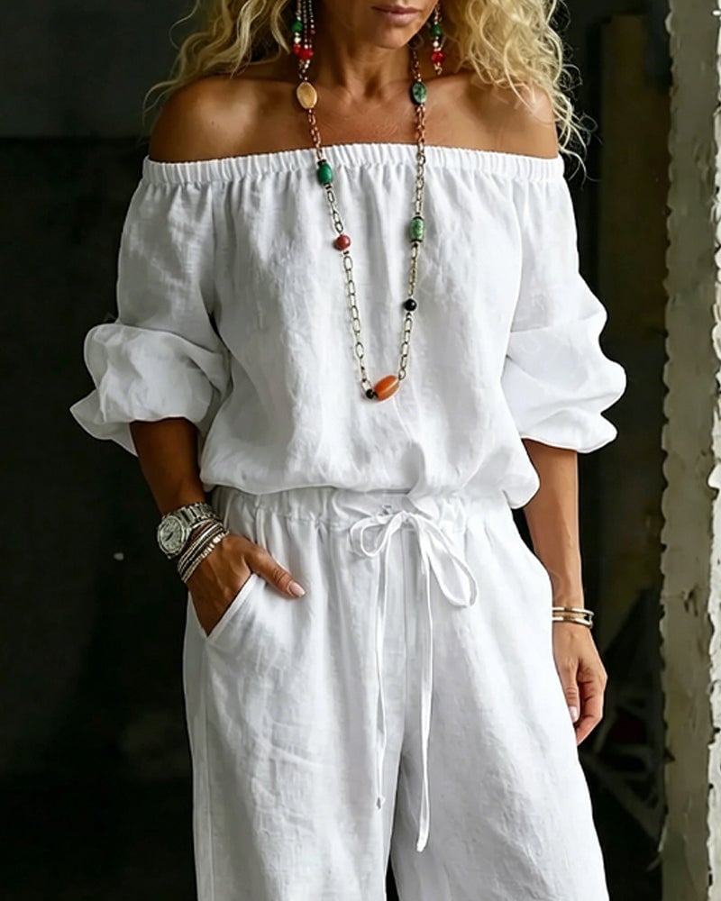 LuxeSilhouette – Off-Shoulder Tie Waist Jumpsuit