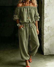 LuxeSilhouette – Off-Shoulder Tie Waist Jumpsuit