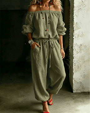 LuxeSilhouette – Off-Shoulder Tie Waist Jumpsuit