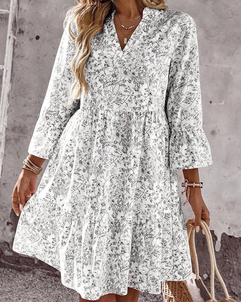 BloomLayer – Floral Tiered V-Neck Dress