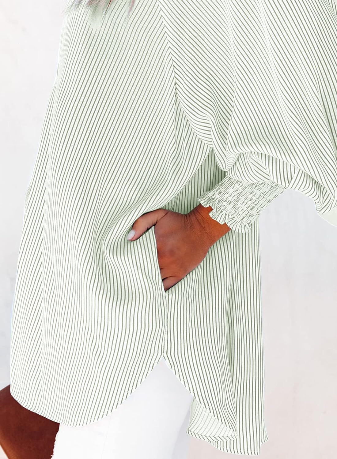 🔥2026 Clearance Item🔥Women's pleated cuffs striped shirt with pockets and casual collar