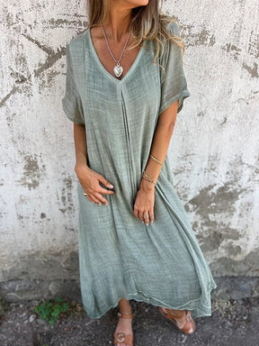 WearEase – Cotton and Linen V-neck Midi Dress
