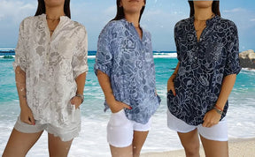 PrintLuxe – V-Neck Button-Down Printed Blouse