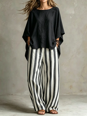 LinenLuxe – Women’s Striped Linen Set with Wide-Leg Trousers