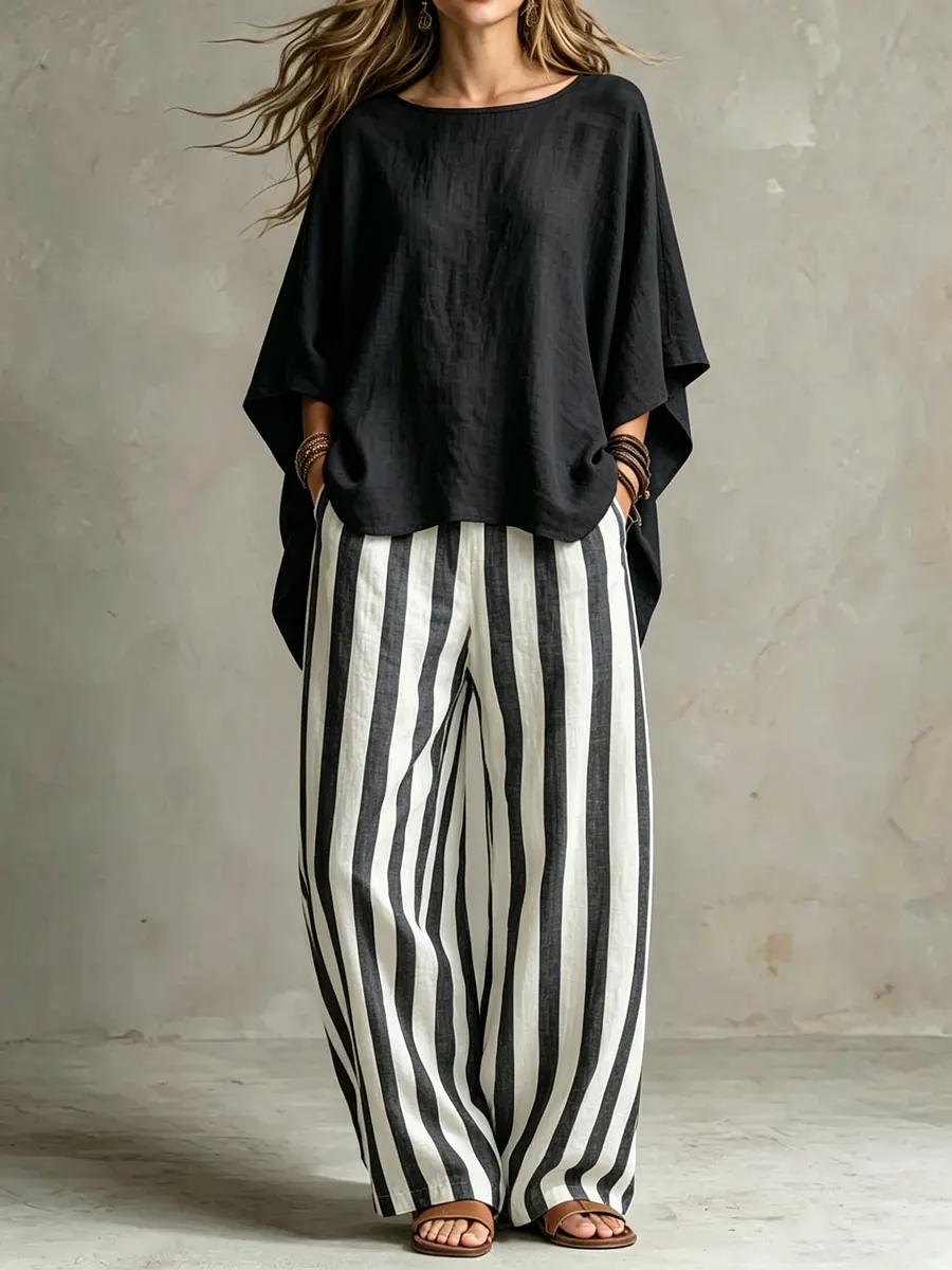 LinenLuxe – Women’s Striped Linen Set with Wide-Leg Trousers