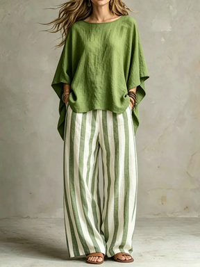 LinenLuxe – Women’s Striped Linen Set with Wide-Leg Trousers