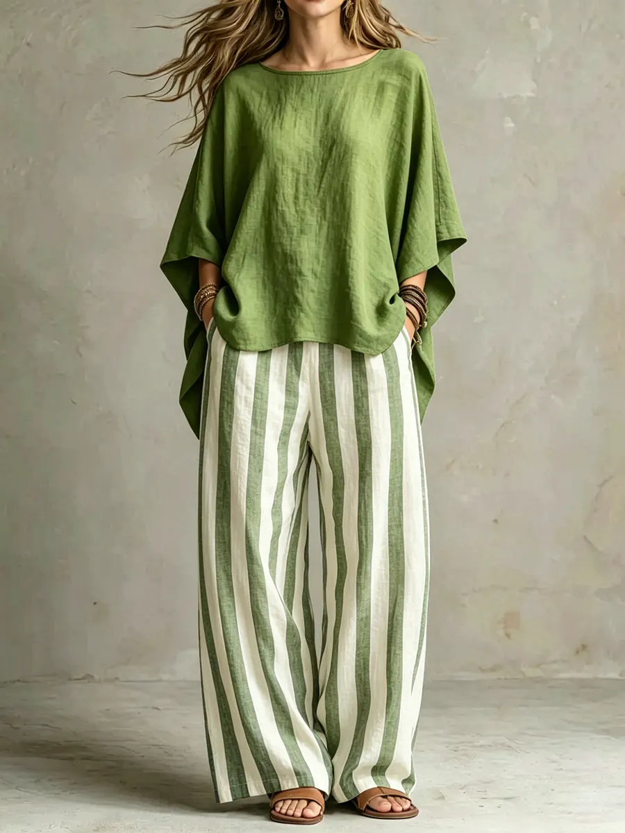 LinenLuxe – Women’s Striped Linen Set with Wide-Leg Trousers