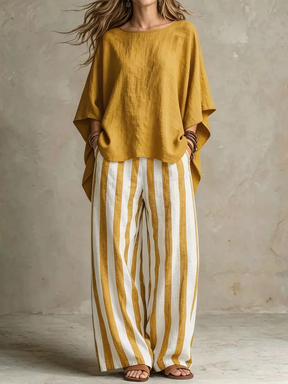 LinenLuxe – Women’s Striped Linen Set with Wide-Leg Trousers