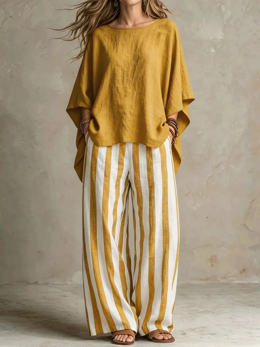 LinenLuxe – Women’s Striped Linen Set with Wide-Leg Trousers