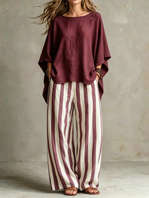 LinenLuxe – Women’s Striped Linen Set with Wide-Leg Trousers