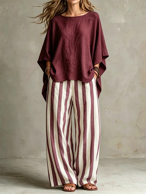 LinenLuxe – Women’s Striped Linen Set with Wide-Leg Trousers