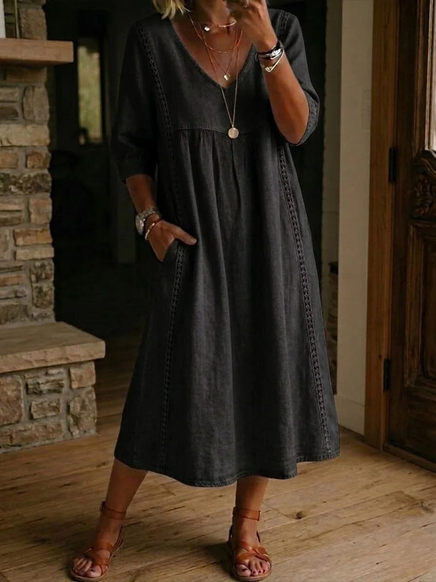 LinenLace – Casual Patchwork Linen-Cotton Dress