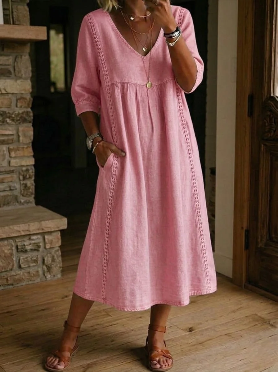 LinenLace – Casual Patchwork Linen-Cotton Dress