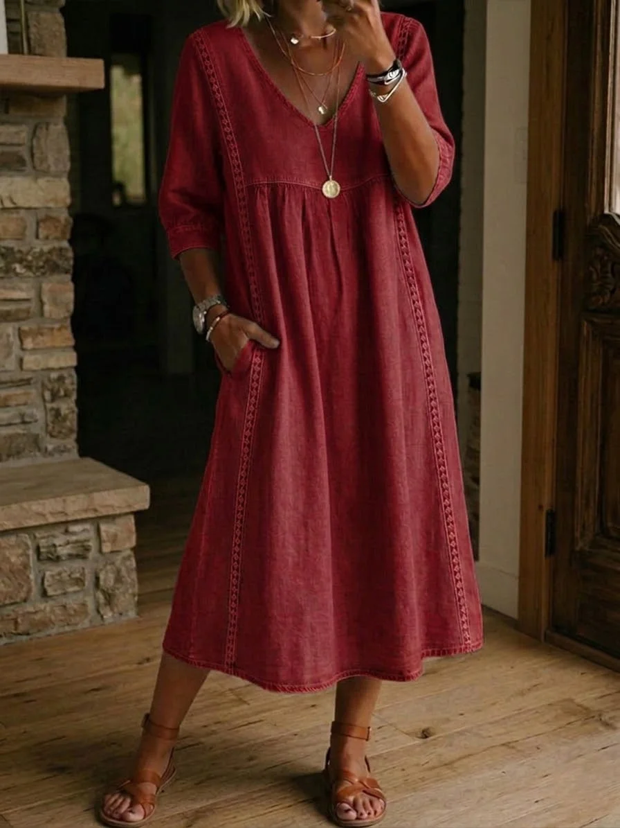 LinenLace – Casual Patchwork Linen-Cotton Dress
