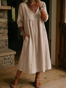 LinenLace – Casual Patchwork Linen-Cotton Dress