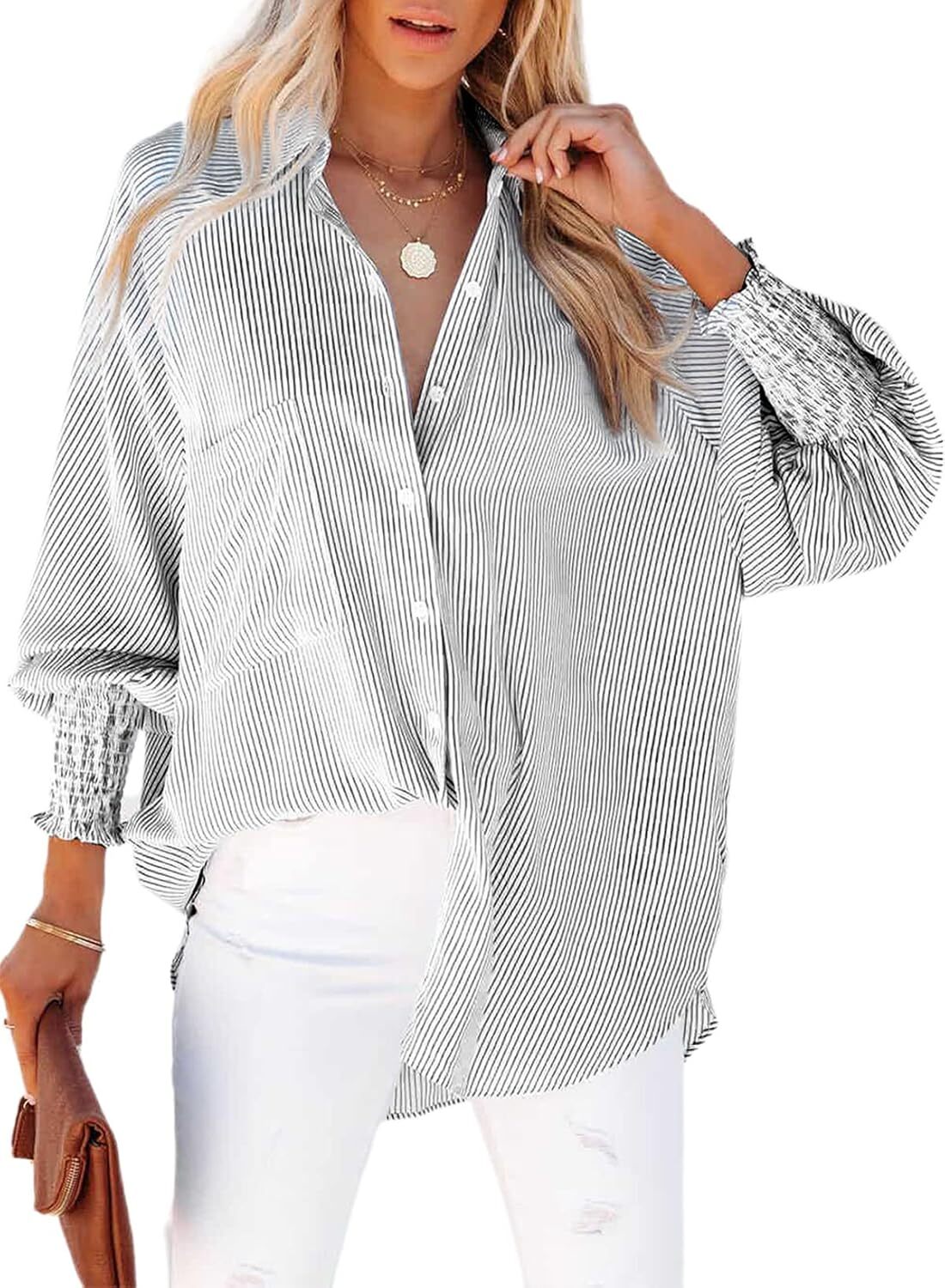 🔥2026 Clearance Item🔥Women's pleated cuffs striped shirt with pockets and casual collar