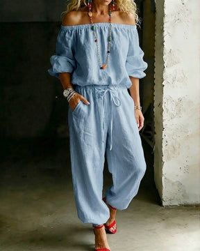 LuxeSilhouette – Off-Shoulder Tie Waist Jumpsuit